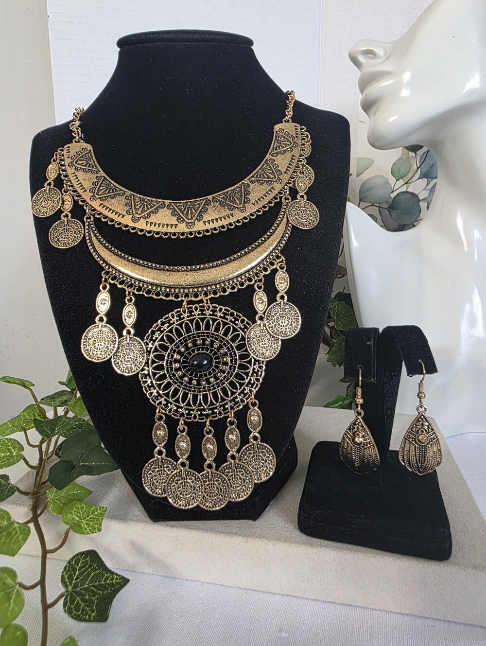 Gold Tone Etched Crescent Collar & Mandala Coin Drop Necklace Set
